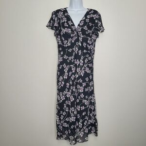 Vintage y2k black purple grunge flower print ruffle sleeve midi dress size 10
